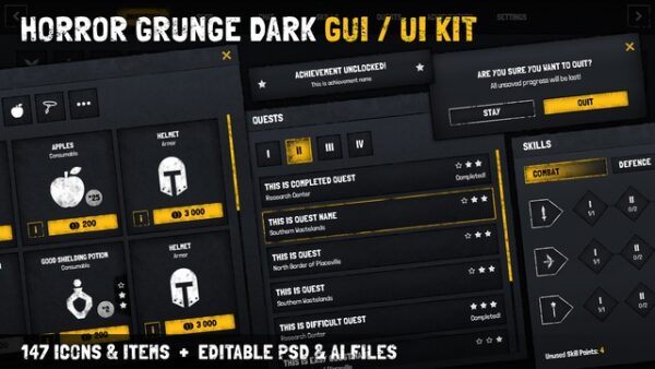 Horror Grunge Military RPG Dark GUI UI KIT psd ai source files